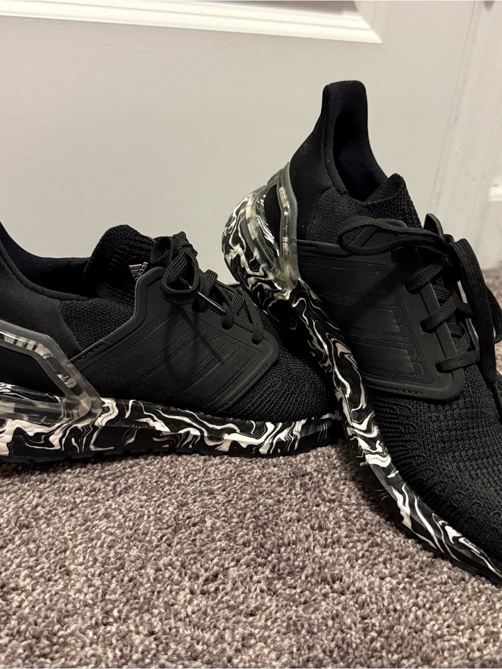 adidas Black Knit Running Shoes with Black & White Marble Midsole